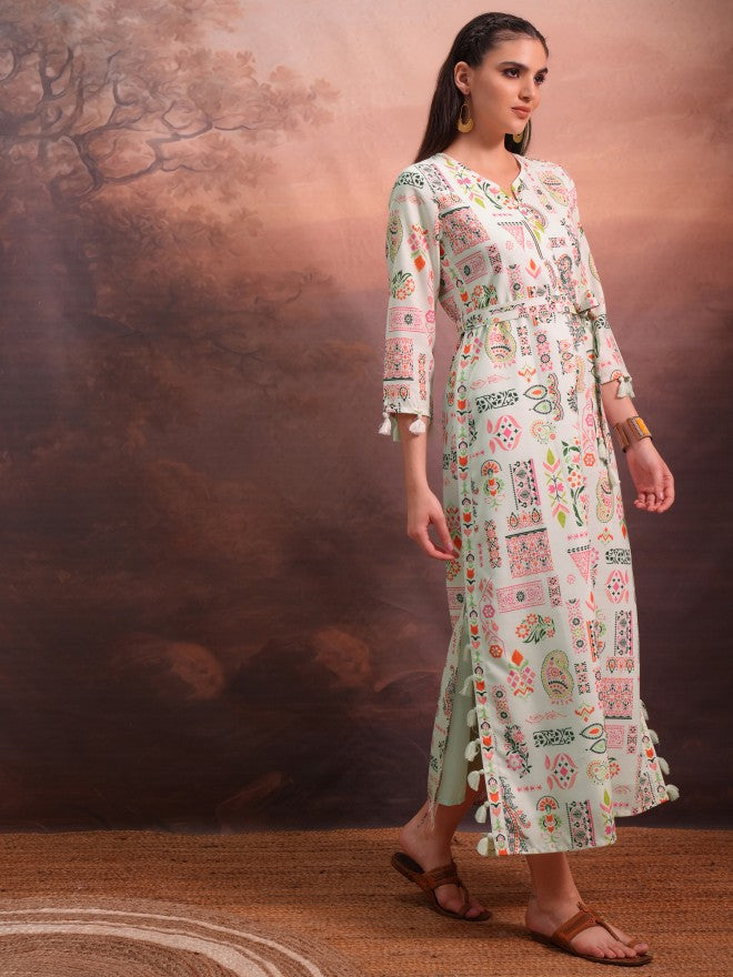 Vishudh Women Green Printed A-Line Dress - Green - Image 4