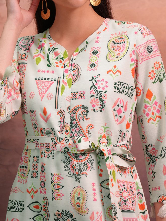 Vishudh Women Green Printed A-Line Dress - Green - Image 5