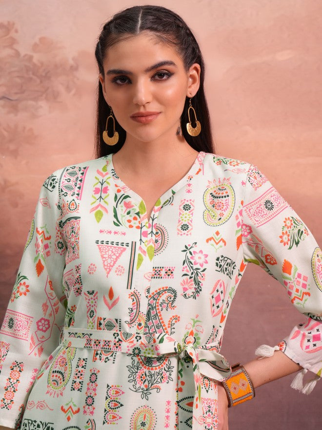 Vishudh Women Green Printed A-Line Dress - Green - Image 6