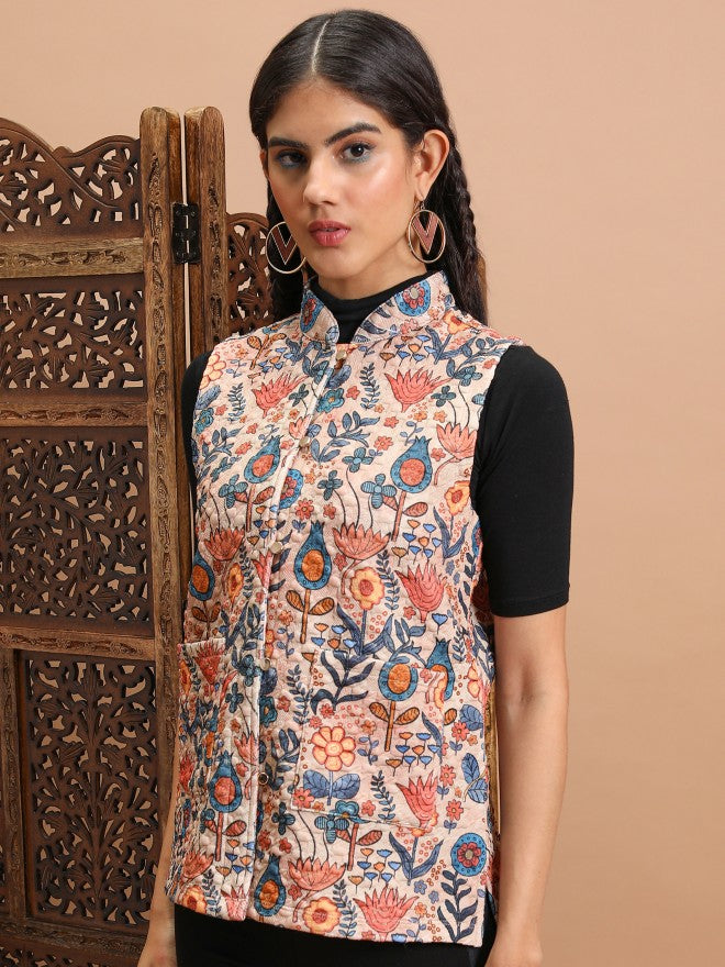 Vishudh Women Beige Open Front Jacket - Beige - Image 4
