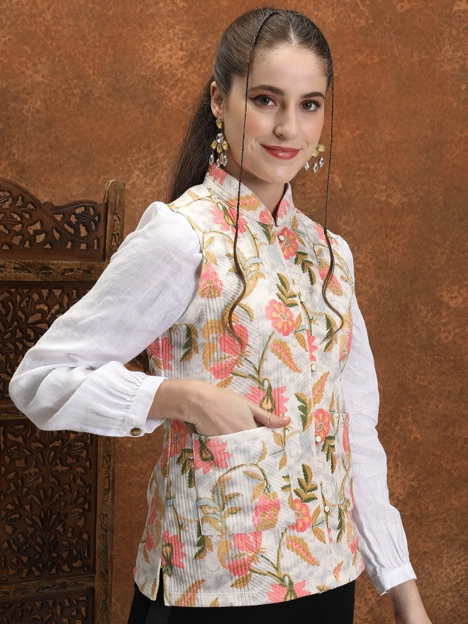 Vishudh Women Off White Open Front Jacket - Off White - Image 6