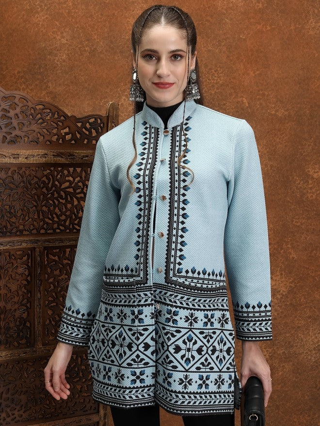 Vishudh Women Blue Open Front Jacket - Blue - Image 1