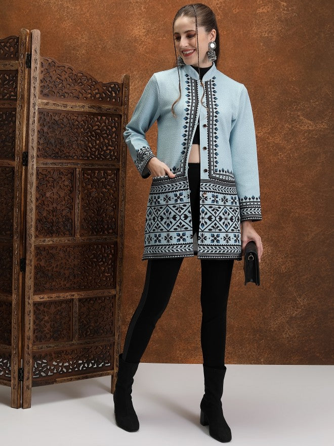 Vishudh Women Blue Open Front Jacket - Blue - Image 2