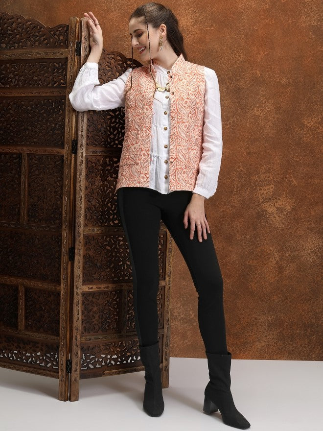 Vishudh Women Rust Open Front Jacket - Rust - Image 2