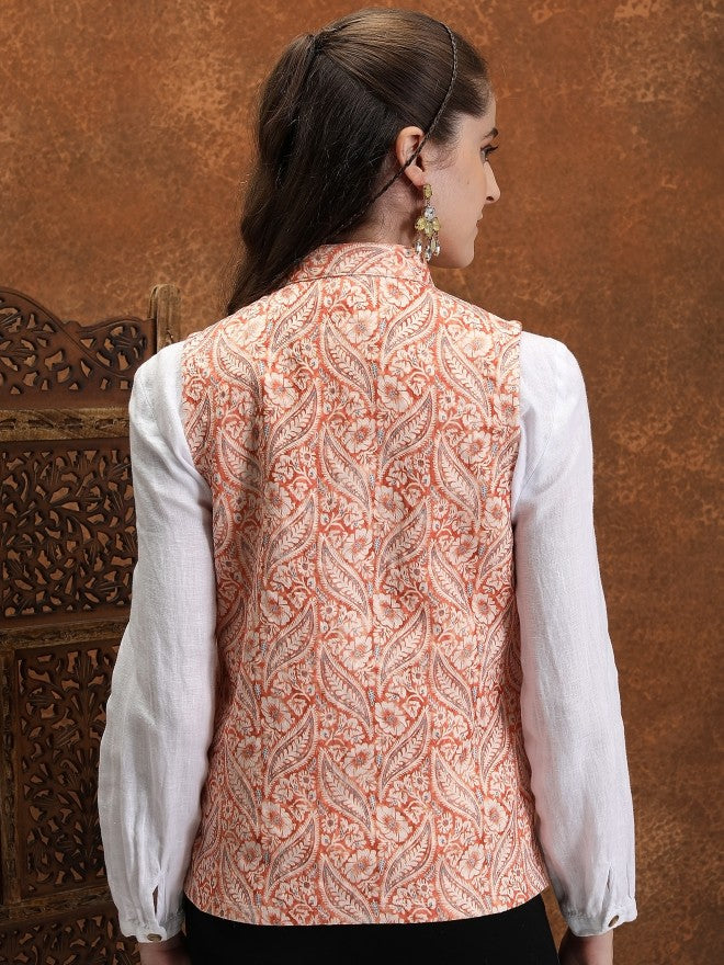 Vishudh Women Rust Open Front Jacket - Rust - Image 3