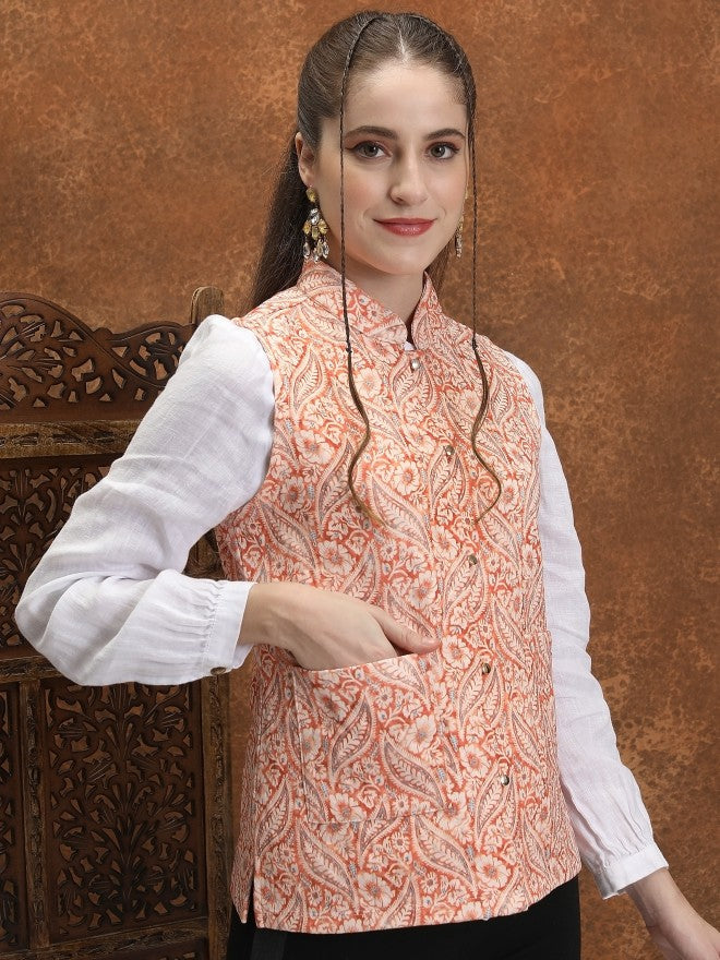 Vishudh Women Rust Open Front Jacket - Rust - Image 6