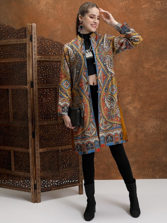 Vishudh Women Mustard Open Front Jacket - Mustard - Image 1