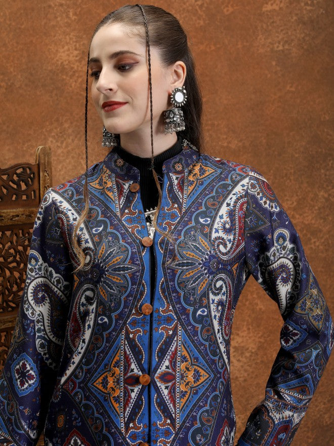 Vishudh Women Navy Blue Open Front Jacket - Navy Blue - Image 6