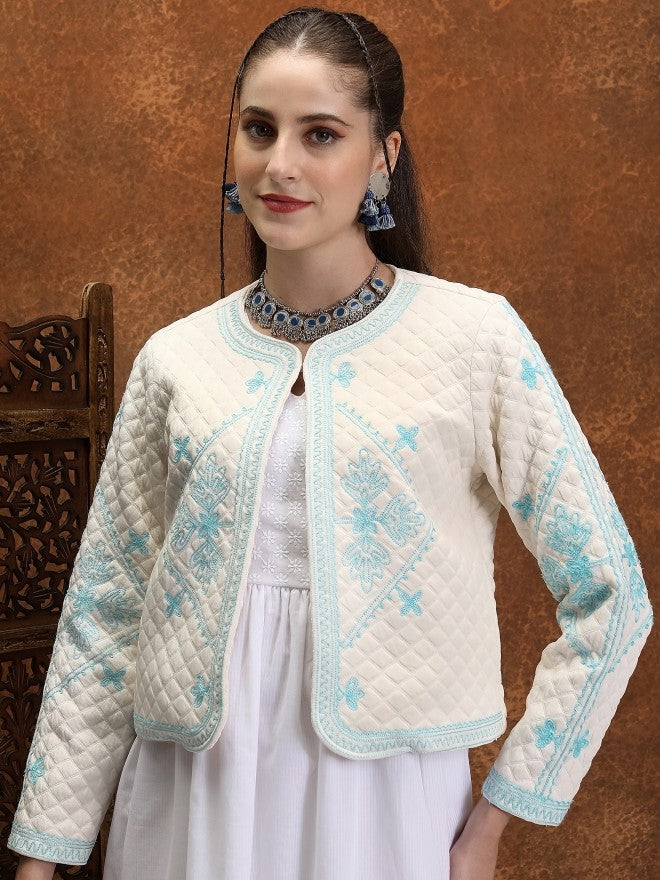 Vishudh Women Off White Open Front Jacket - Off White - Image 1
