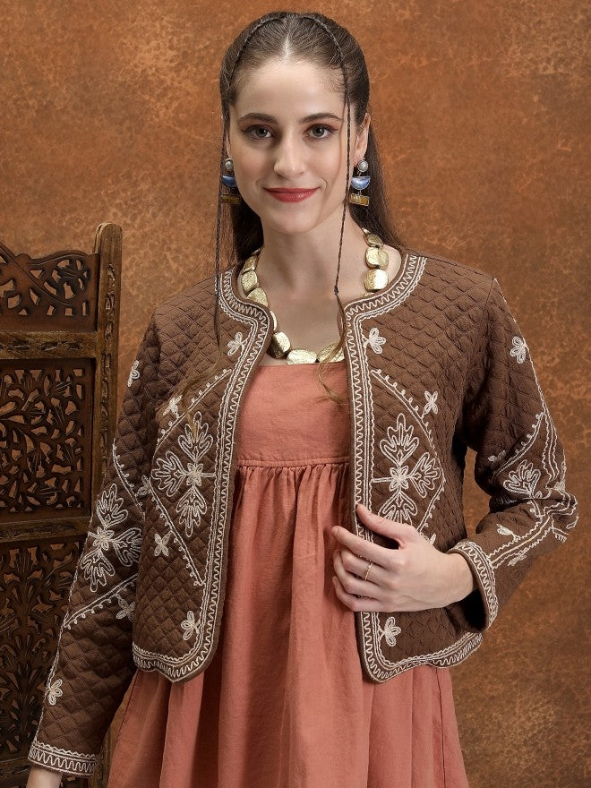 Vishudh Women Brown Open Front Jacket - Brown - Image 1