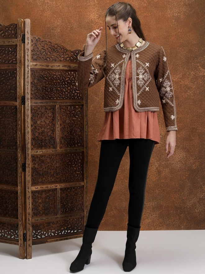 Vishudh Women Brown Open Front Jacket - Brown - Image 2