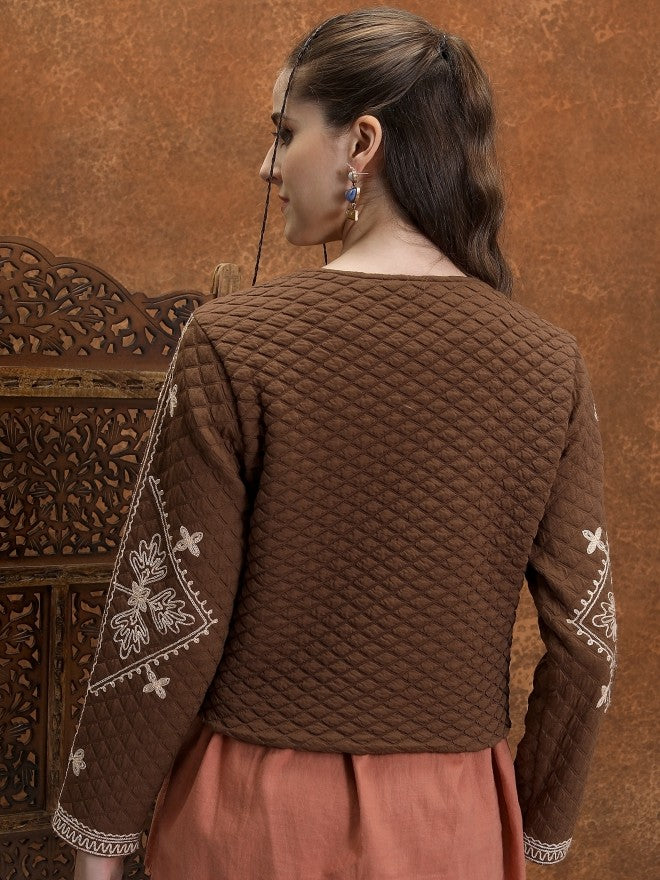 Vishudh Women Brown Open Front Jacket - Brown - Image 3