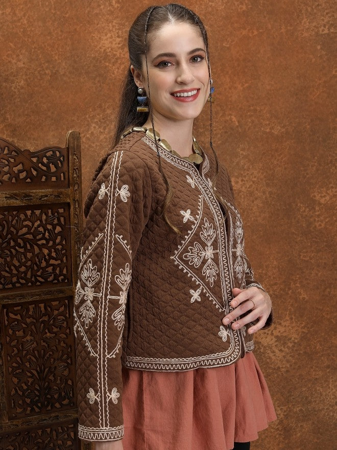 Vishudh Women Brown Open Front Jacket - Brown - Image 6