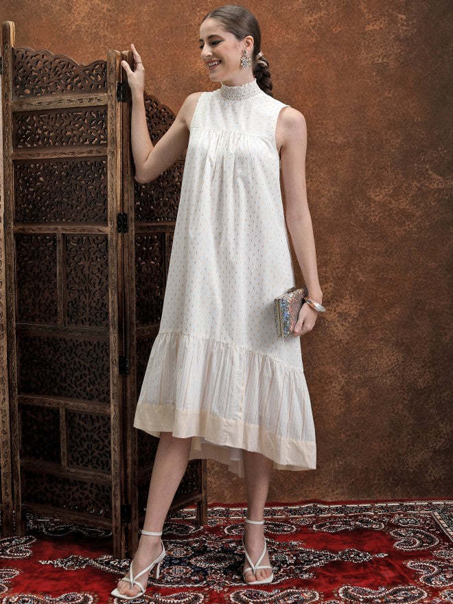 Printed A-Line Dress - Off White - Image 1