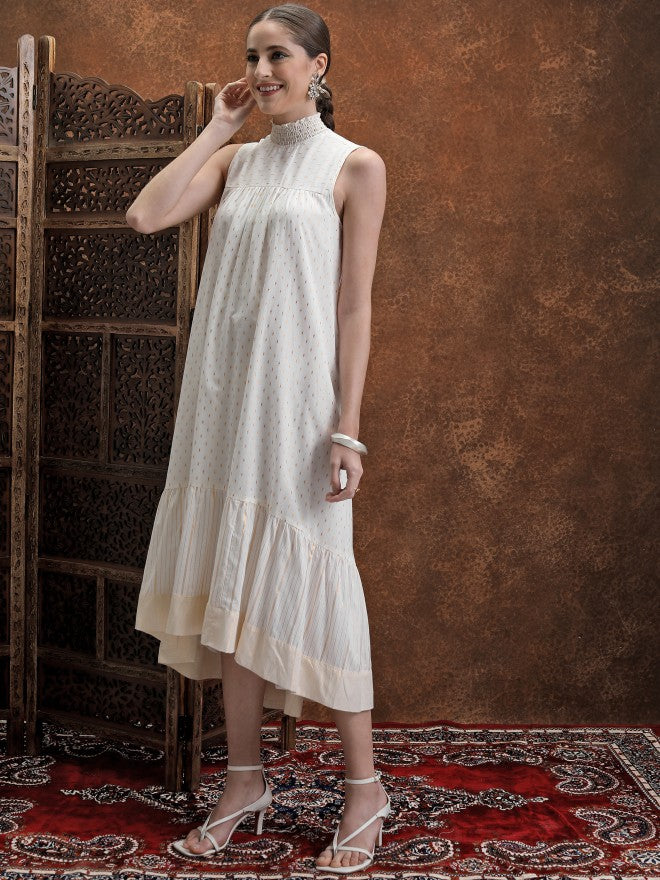 Printed A-Line Dress - Off White - Image 2
