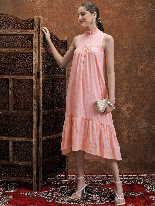 Printed A-Line Dress - Peach - Image 1