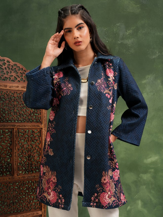 Vishudh Women Navy Blue Quilted Jacket - Navy Blue - Image 1