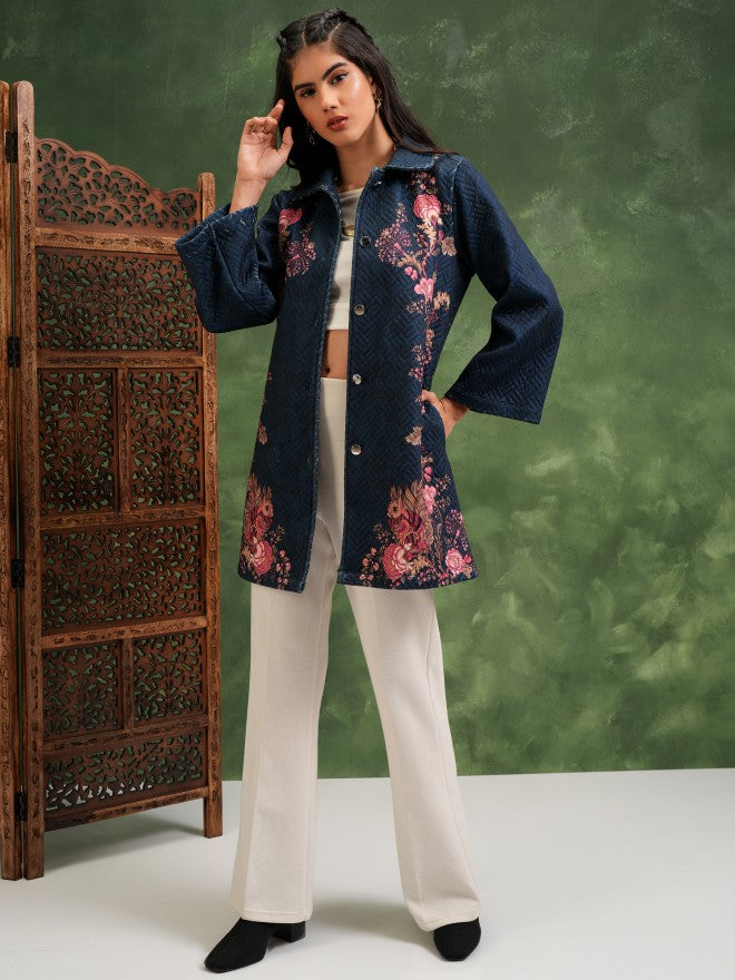 Vishudh Women Navy Blue Quilted Jacket - Navy Blue - Image 2