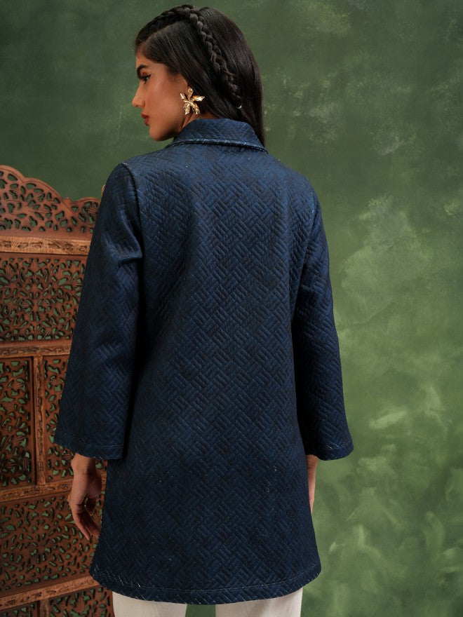 Vishudh Women Navy Blue Quilted Jacket - Navy Blue - Image 3