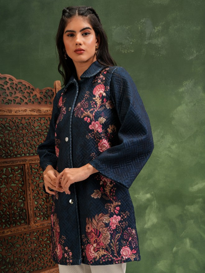 Vishudh Women Navy Blue Quilted Jacket - Navy Blue - Image 4