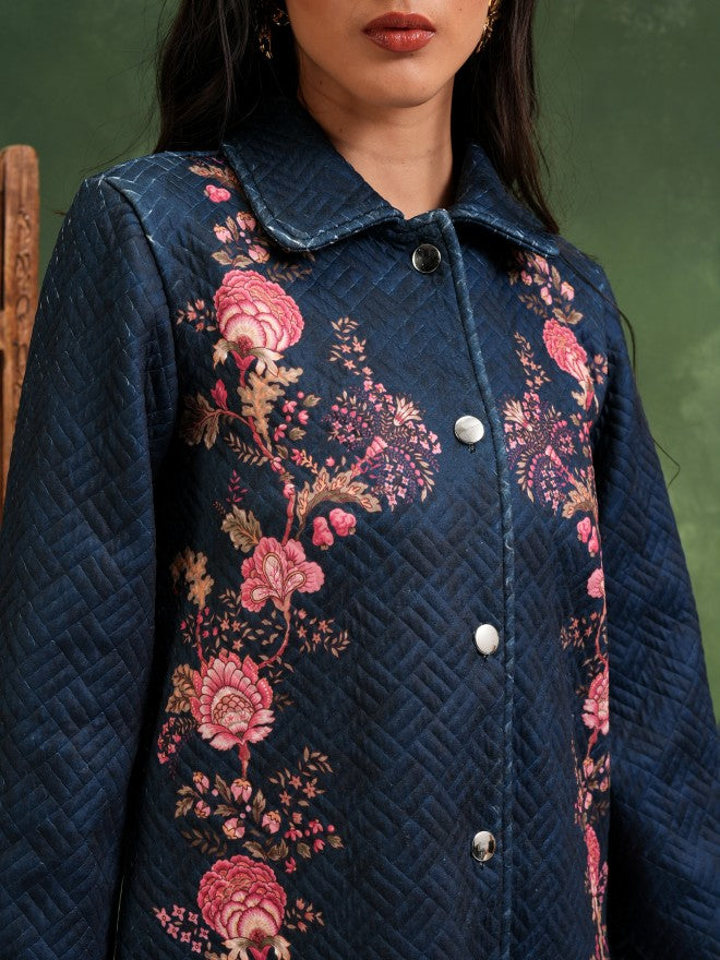 Vishudh Women Navy Blue Quilted Jacket - Navy Blue - Image 5