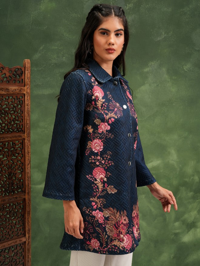 Vishudh Women Navy Blue Quilted Jacket - Navy Blue - Image 6