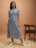 Vishudh Women Blue Printed A-Line Dress - Blue - Image 1