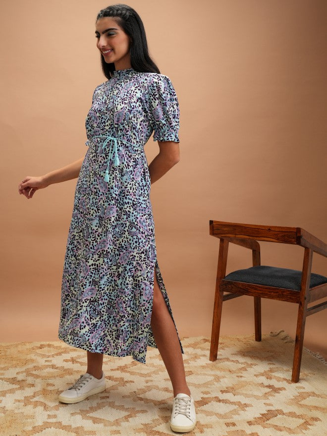 Vishudh Women Blue Printed A-Line Dress - Blue - Image 3