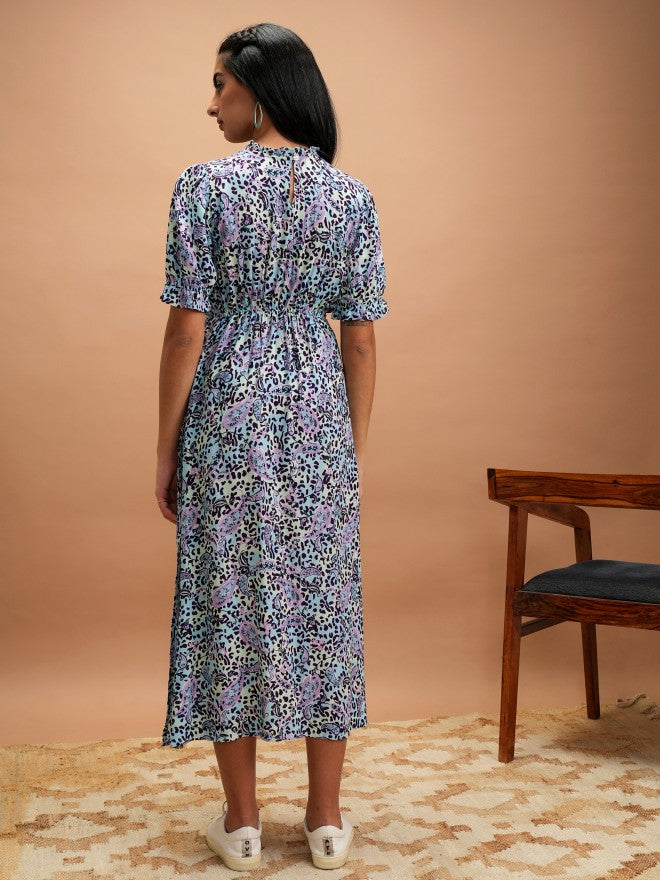 Vishudh Women Blue Printed A-Line Dress - Blue - Image 4