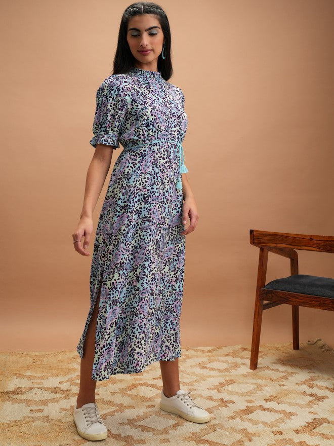 Vishudh Women Blue Printed A-Line Dress - Blue - Image 6
