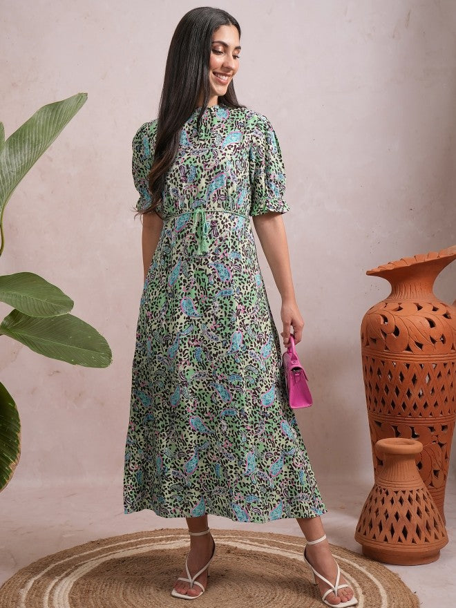 Vishudh Women Green Printed A-Line Dress - Green - Image 1
