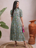 Vishudh Women Green Printed A-Line Dress - Green - Image 1