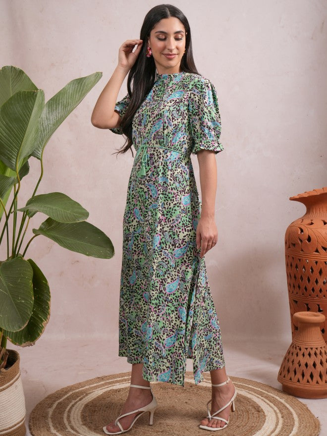 Vishudh Women Green Printed A-Line Dress - Green - Image 2