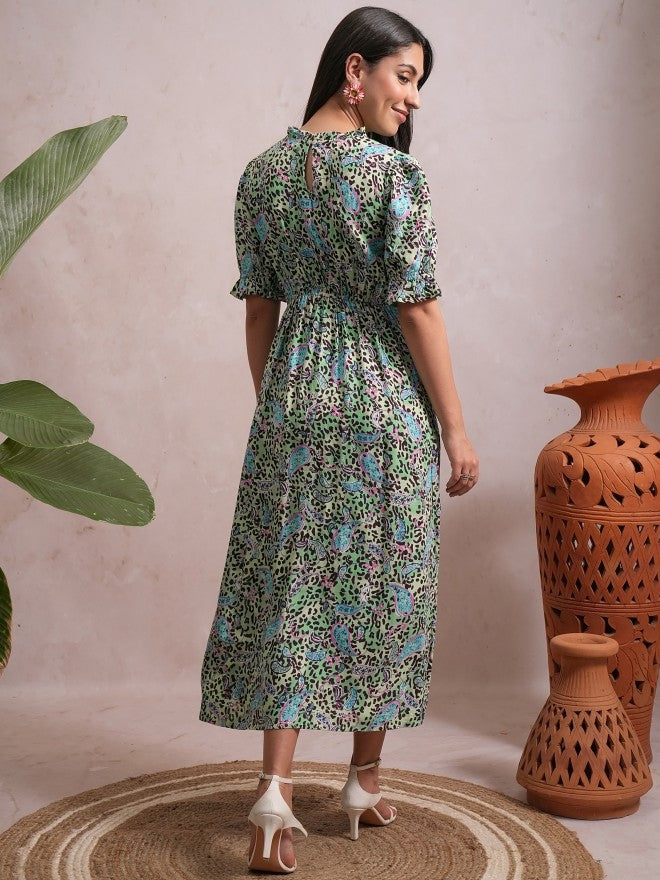 Vishudh Women Green Printed A-Line Dress - Green - Image 3