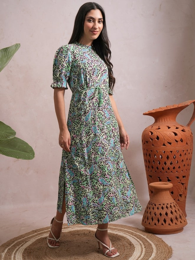 Vishudh Women Green Printed A-Line Dress - Green - Image 4