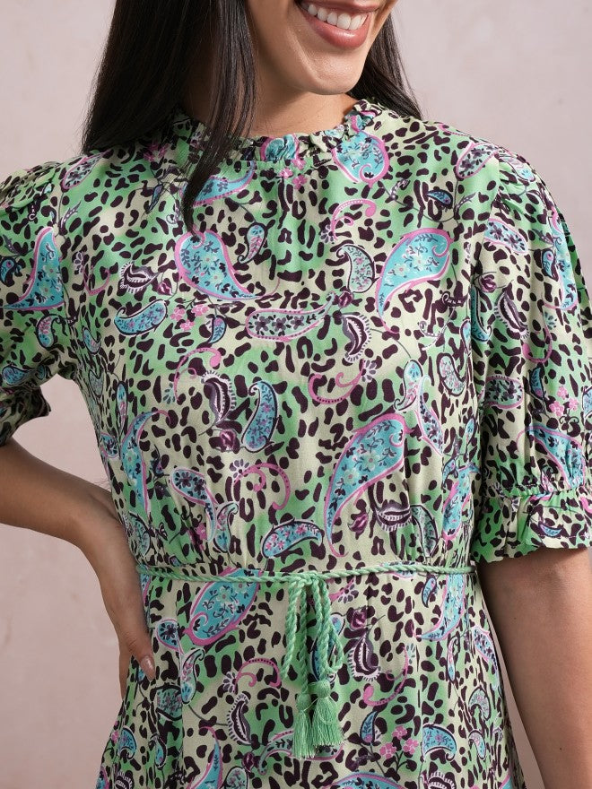 Vishudh Women Green Printed A-Line Dress - Green - Image 5