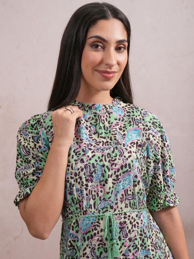 Vishudh Women Green Printed A-Line Dress - Green - Image 6
