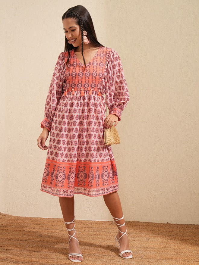 Tokyo Talkies Women Peach Printed Fit and Flare Dress - Peach - Image 1