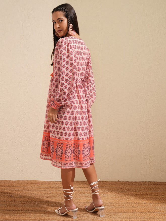 Tokyo Talkies Women Peach Printed Fit and Flare Dress - Peach - Image 3