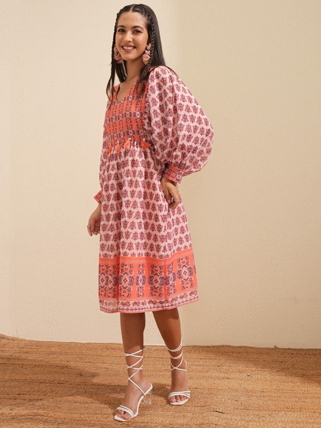 Tokyo Talkies Women Peach Printed Fit and Flare Dress - Peach - Image 4