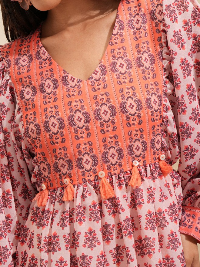 Tokyo Talkies Women Peach Printed Fit and Flare Dress - Peach - Image 5