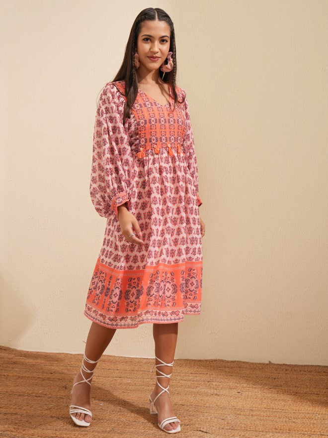 Tokyo Talkies Women Peach Printed Fit and Flare Dress - Peach - Image 6
