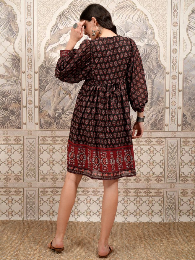 Vishudh Women Black Printed Fit and Flare Dress - Black - Image 3
