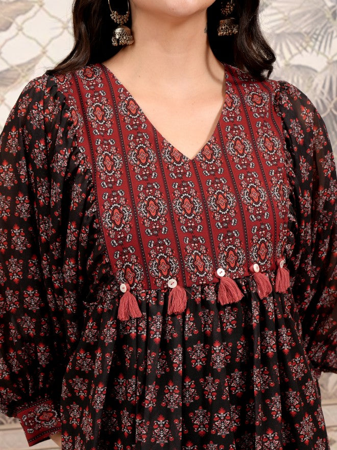 Vishudh Women Black Printed Fit and Flare Dress - Black - Image 5