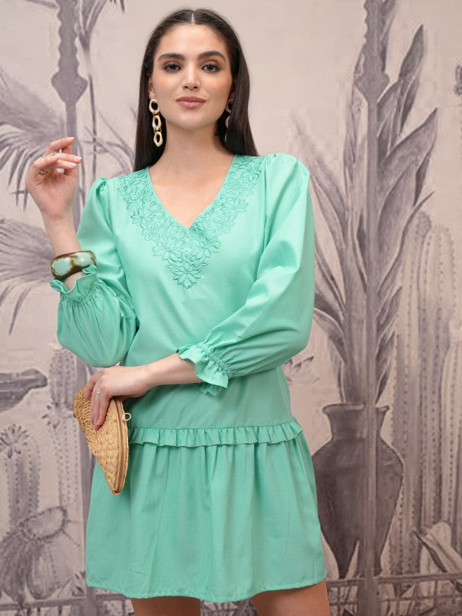 Vishudh Women Green Embroidered Fit And Flare Dress - Green - Image 1