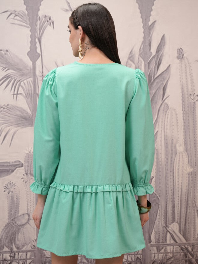 Vishudh Women Green Embroidered Fit And Flare Dress - Green - Image 3