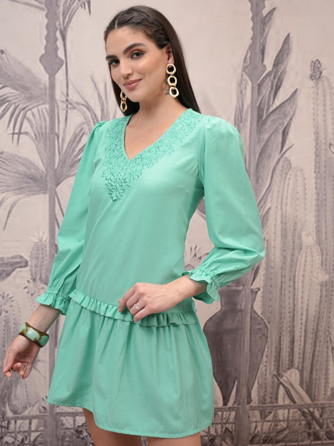 Vishudh Women Green Embroidered Fit And Flare Dress - Green - Image 4