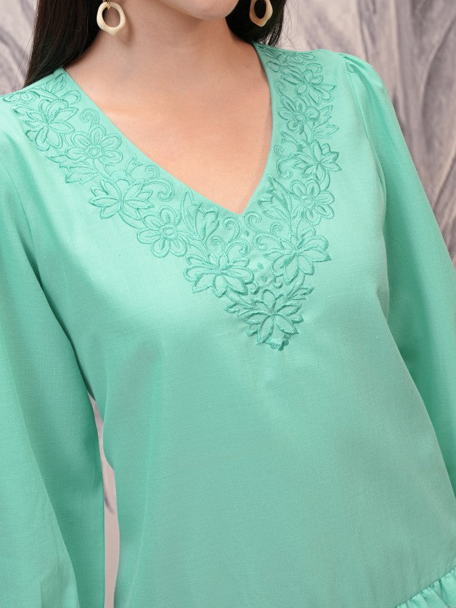 Vishudh Women Green Embroidered Fit And Flare Dress - Green - Image 5