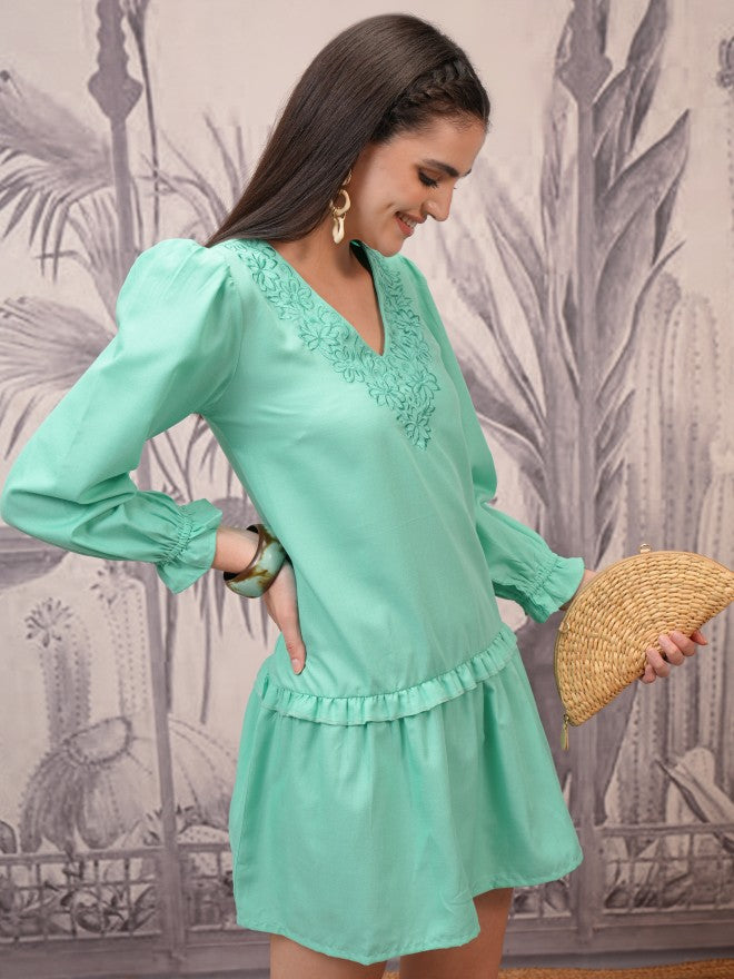 Vishudh Women Green Embroidered Fit And Flare Dress - Green - Image 6