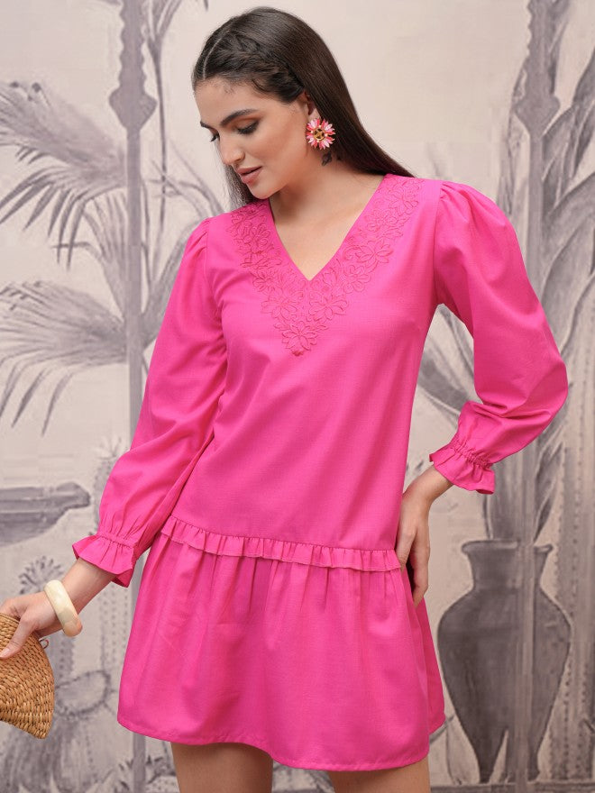 Vishudh Women Magenta Embroidered Fit And Flare Dress - Magenta - Image 1